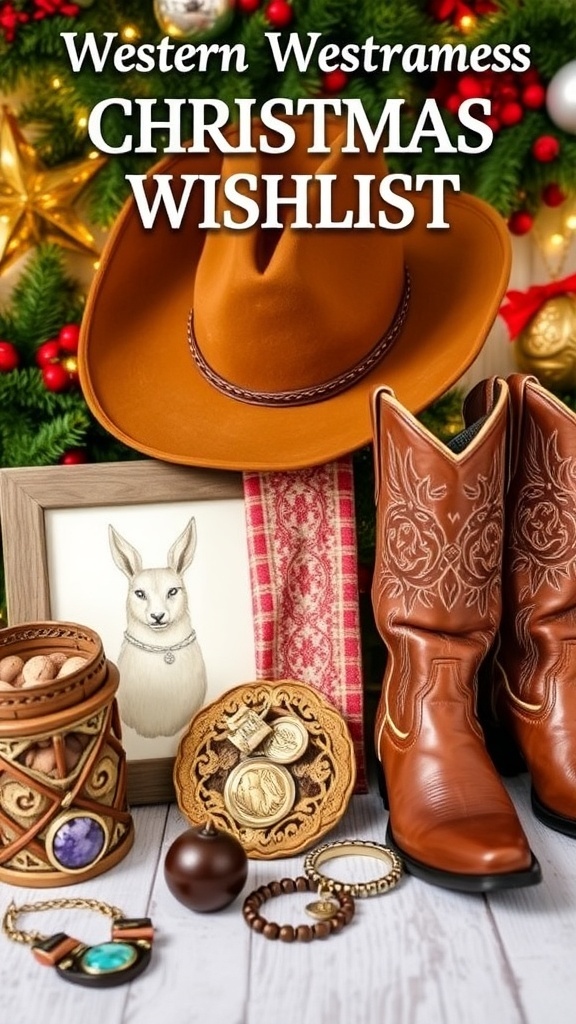 Western-Themed Christmas Wishlist A collection of Western-themed gifts including cowboy boots, a hat, and rustic decor items, set against a festive holiday backdrop.